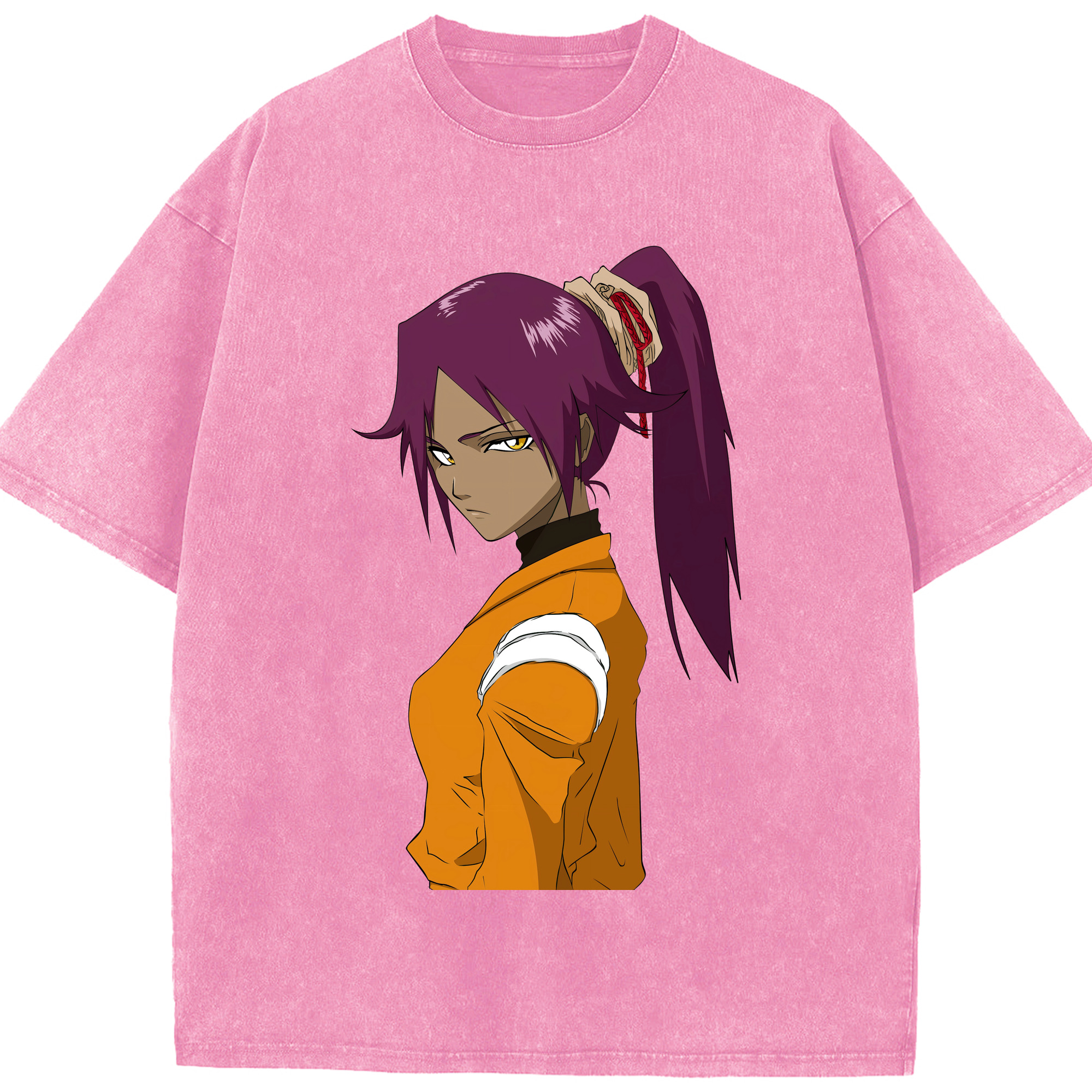 （画像用） ブリーチ 四楓院 夜一（しほういん よるいち） BLEACH Shihouin Yoruichi 綿100% ヴィンテージ風 半袖Tシャツ（フロントプリント）